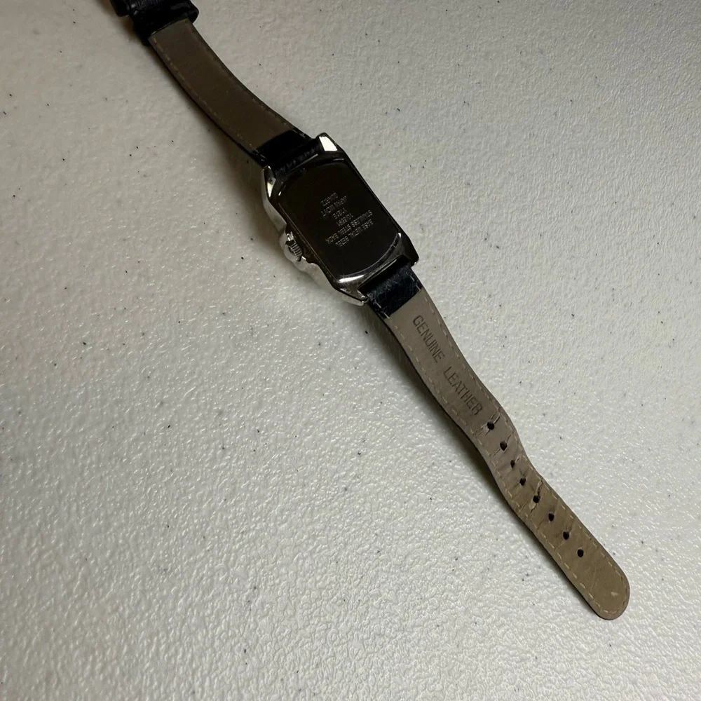 VTG Dome Crystal Women's Anne Klein Watch Silver Tone Black Leather Artsy Vibe